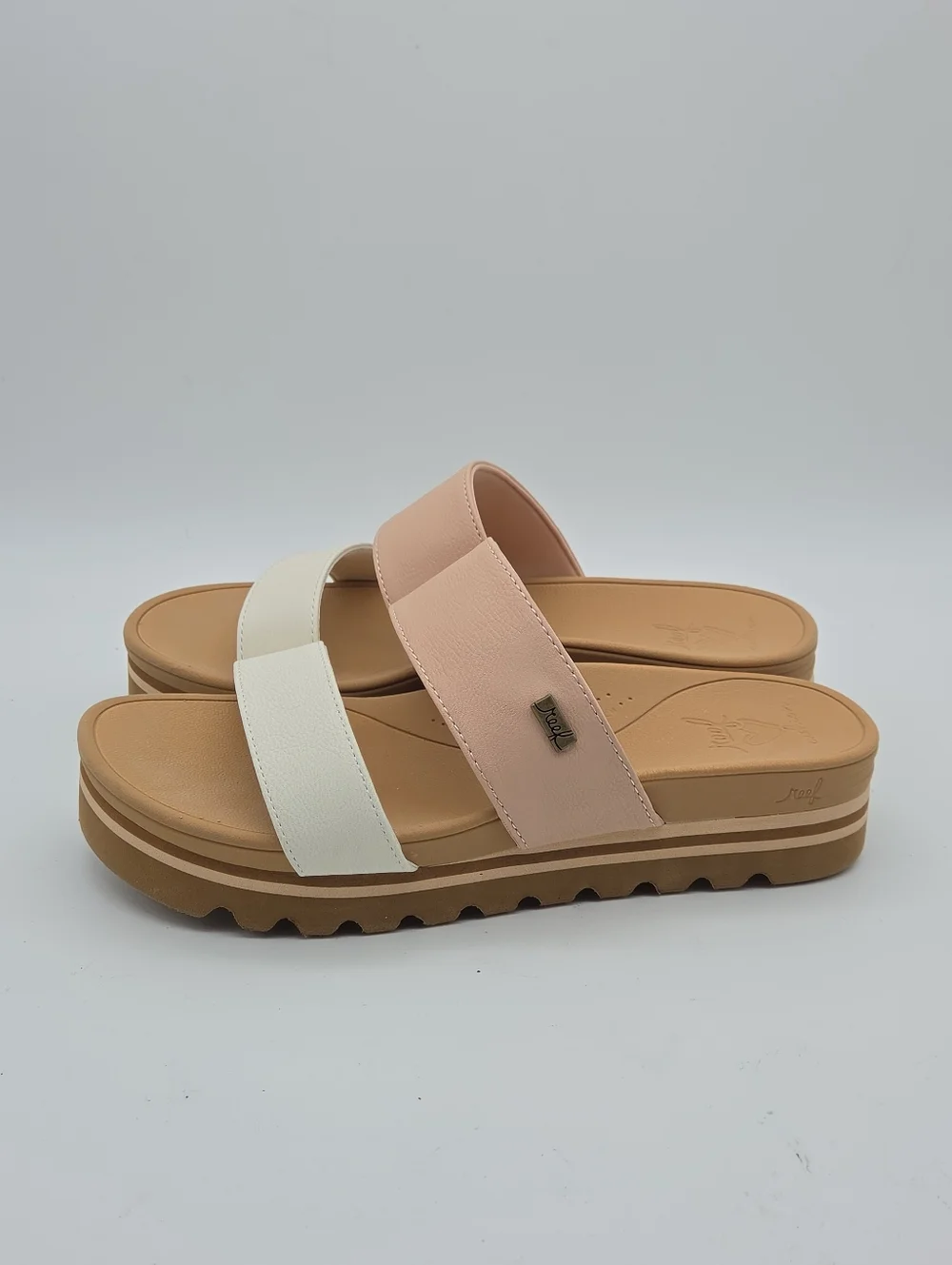Reef Pink and White Double-Strap Slide Sandals